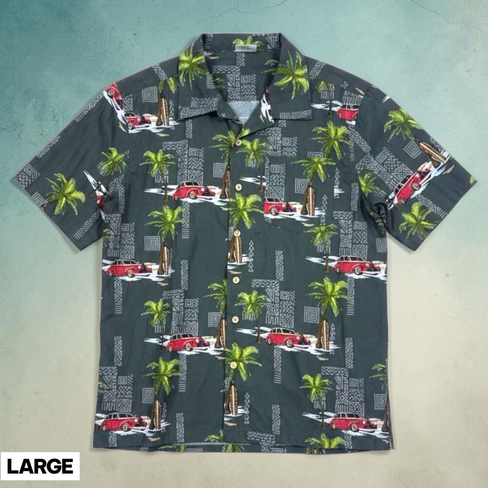 Vintage Barefoot In Paradise Shirt Mens Large Black Hawaiian Cars Surf Board Y2K